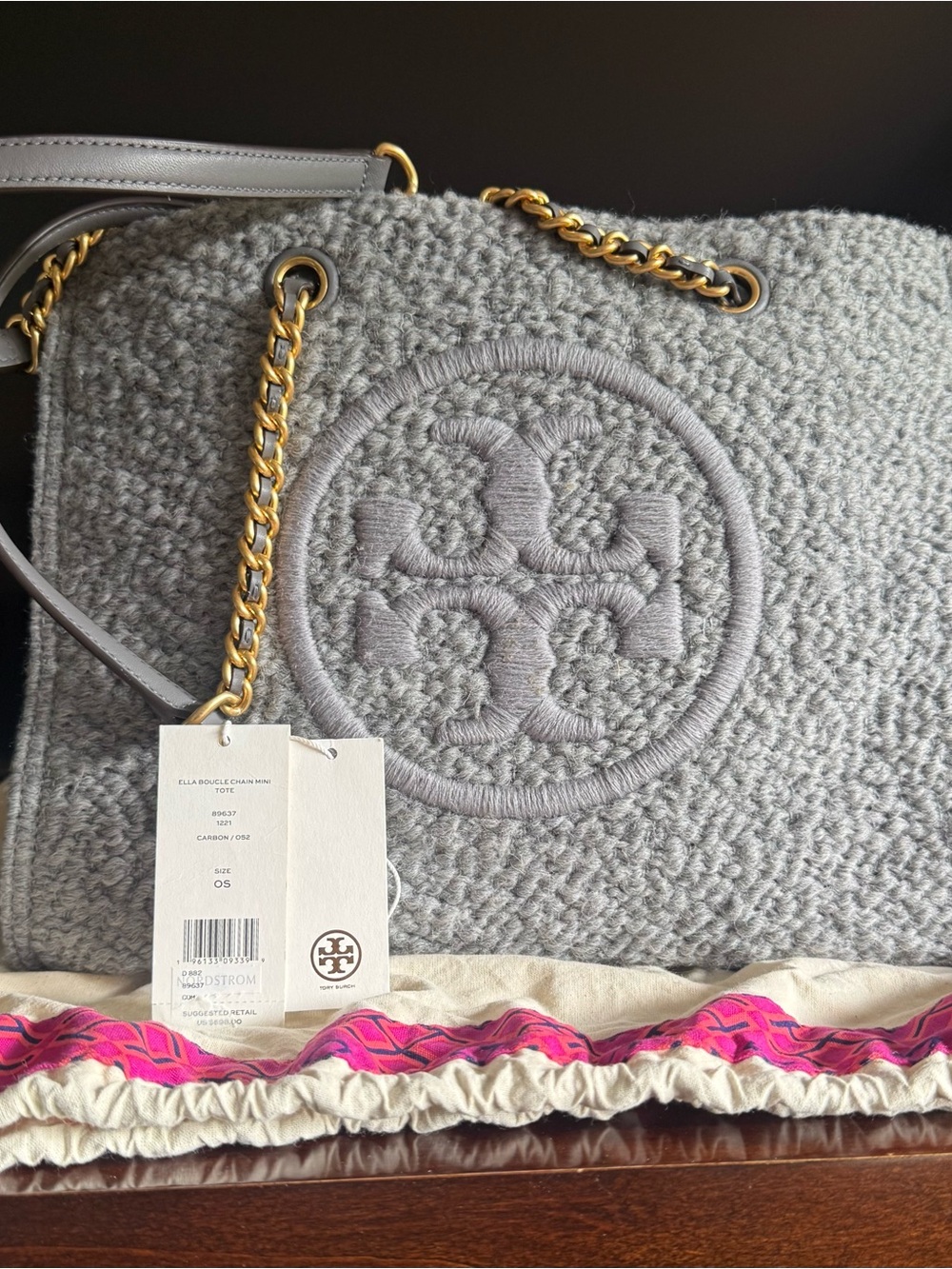 Tory Burch Ella Boucle Chain Gray Logo Tote Bag